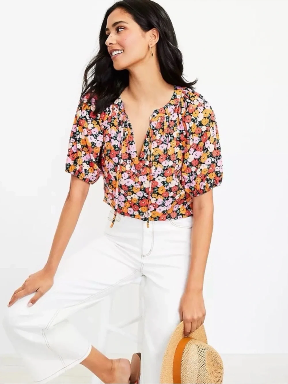 LOFT Floral Tie Neck Puff Sleeve Top Size M